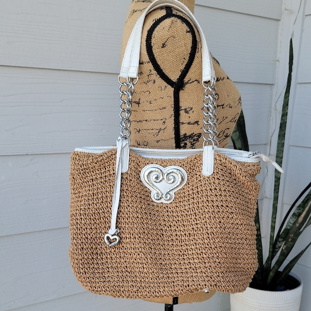 Brighton Tan Crochet Tote Bag with White Accents